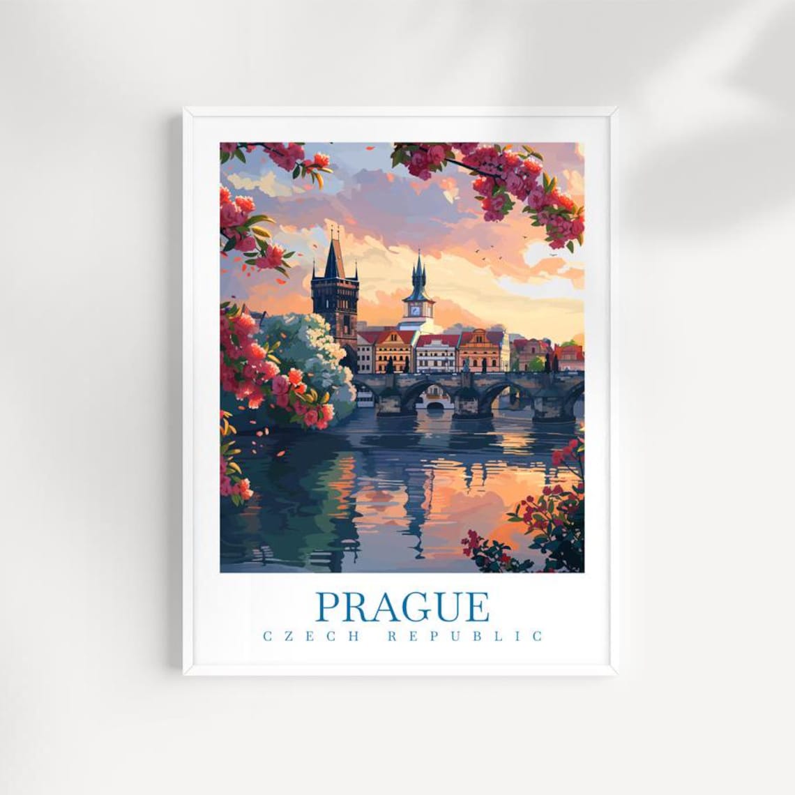 Prague Czech Republic Charles Bridge Sunset Blossom Travel Poster
