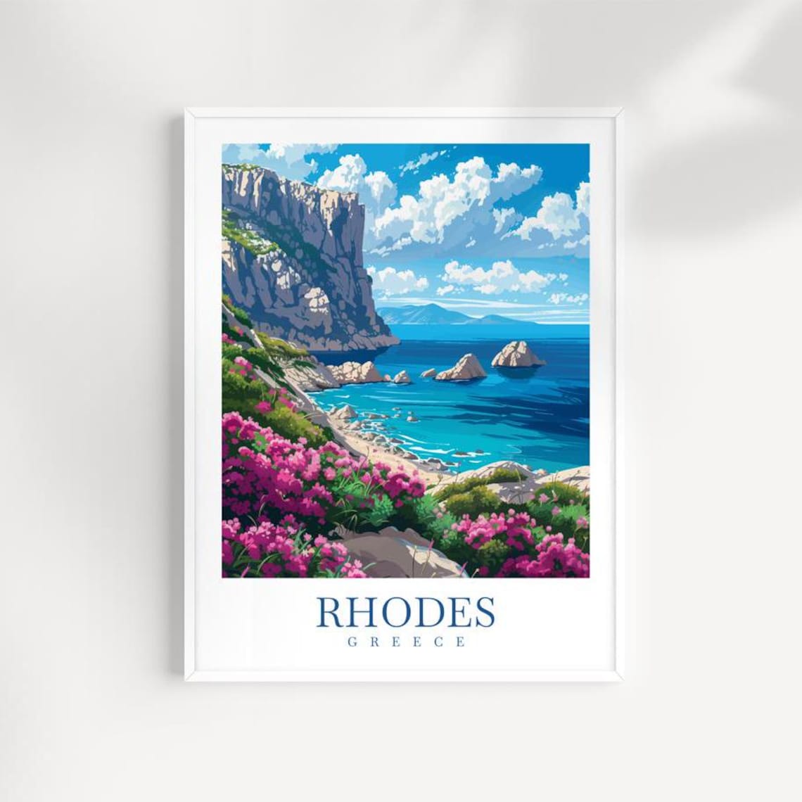 Rhodes Greece Travel Poster, Coastal Cliffside Art