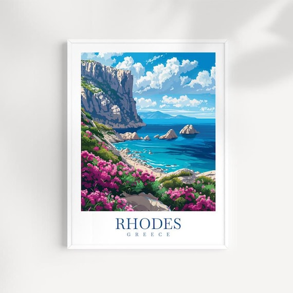 Rhodes Greece Travel Poster, Coastal Cliffside Art