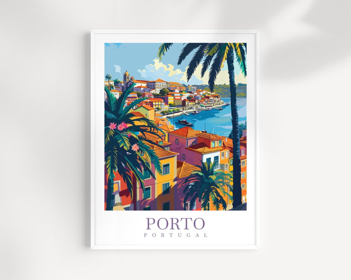 Porto Portugal Harbor Palms Boats Waterfront Vintage Travel Poster