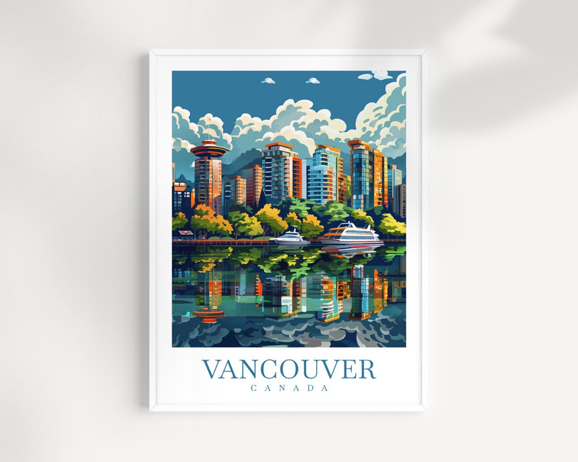 Vancouver Canada Skyline Yachts Harbor Water Reflection Art Poster