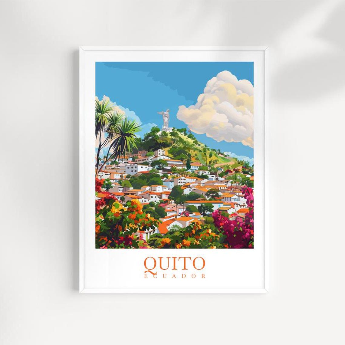 Quito Ecuador Vibrant Hillside Cityscape Hilltop Statue Flower Foreground Poster