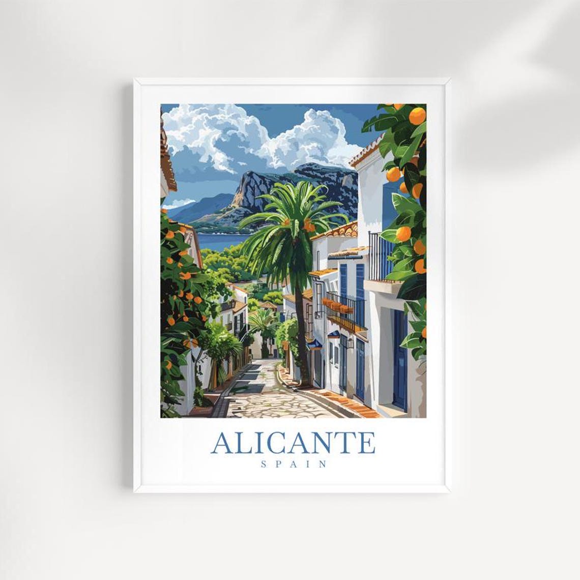 Alicante Spain Whitewashed Old Town Street Orange Trees Travel Poster