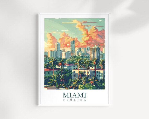 Miami Florida Sunset Skyline Palm Trees Vintage Travel Poster