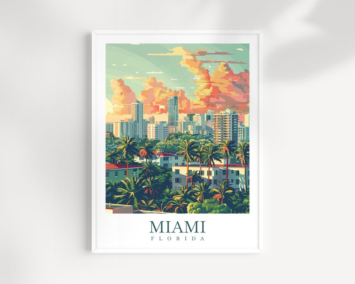 Miami Florida Sunset Skyline Palm Trees Vintage Travel Poster