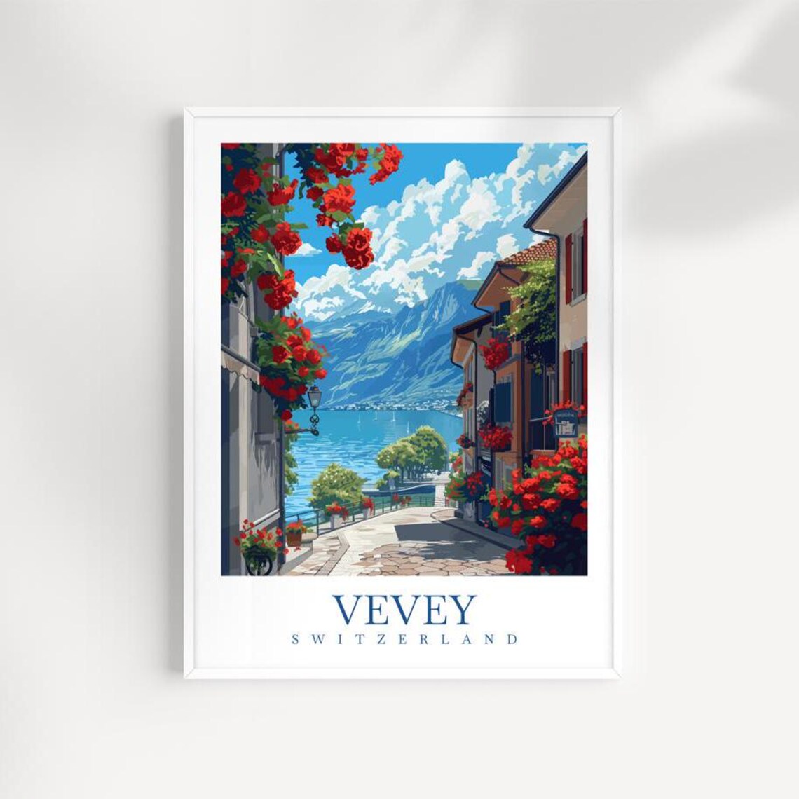 Vevey Switzerland Travel Poster Lake Geneva Flowers Street View Art
