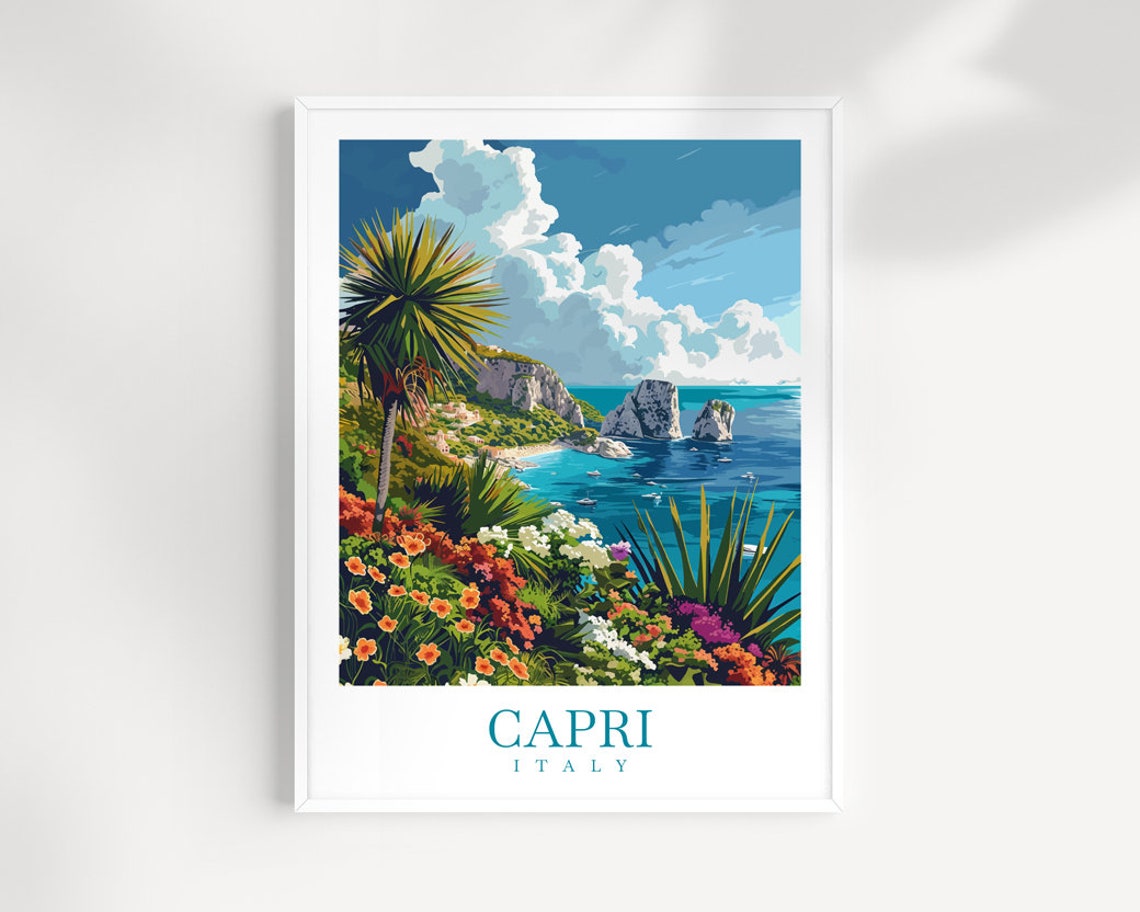 Capri Italy Faraglioni Rock View with Tropical Flowers Poster