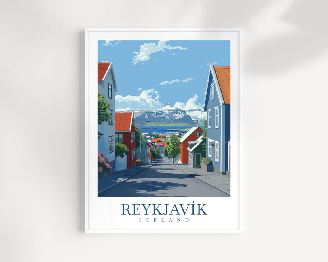 Reykjavik Iceland Colorful Street Toward the Harbor Travel Poster