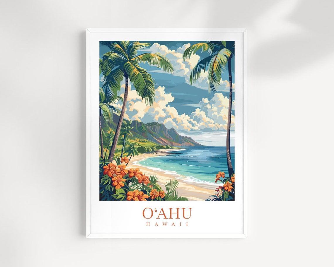 Oahu Hawaii Palm Beach Bright Flowers Mountain Coast Travel Poster