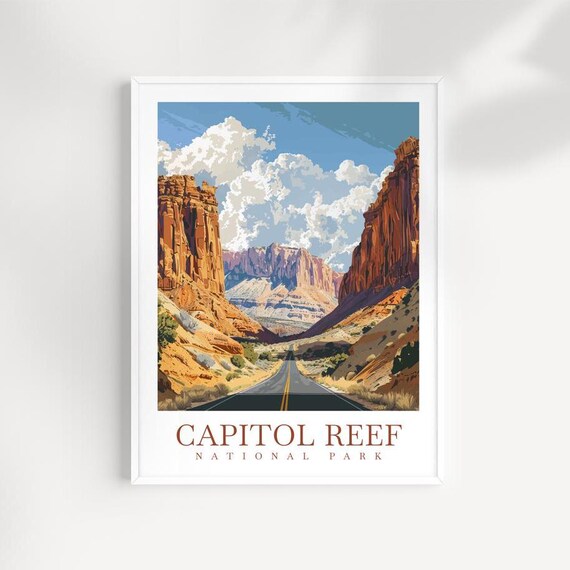 Capitol Reef National Park Canyon Highway Red Cliffs Vintage Travel Poster