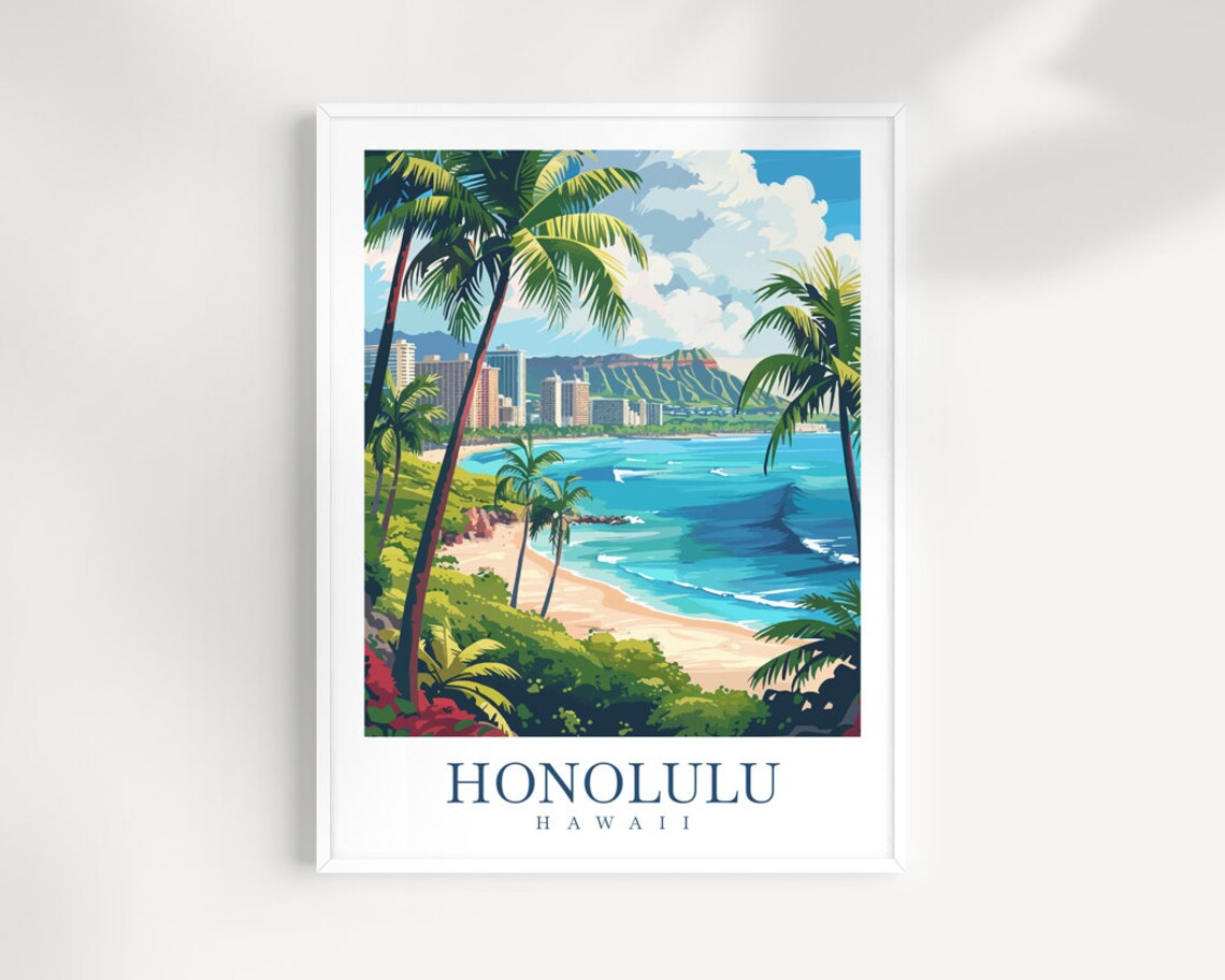 Honolulu Cityscape Travel Poster, Hawaii Home Decor