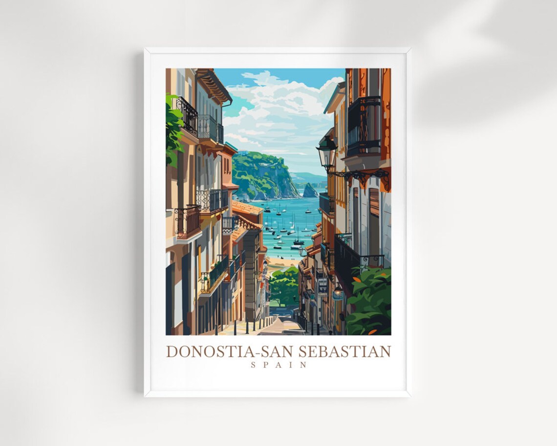 Donostia San Sebastian Spain Old Town Street to the Bay Travel Poster
