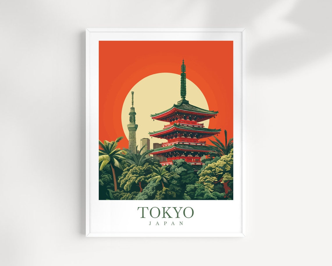 Tokyo Japan Red Pagoda Poster With Skytree Under A Rising Sun