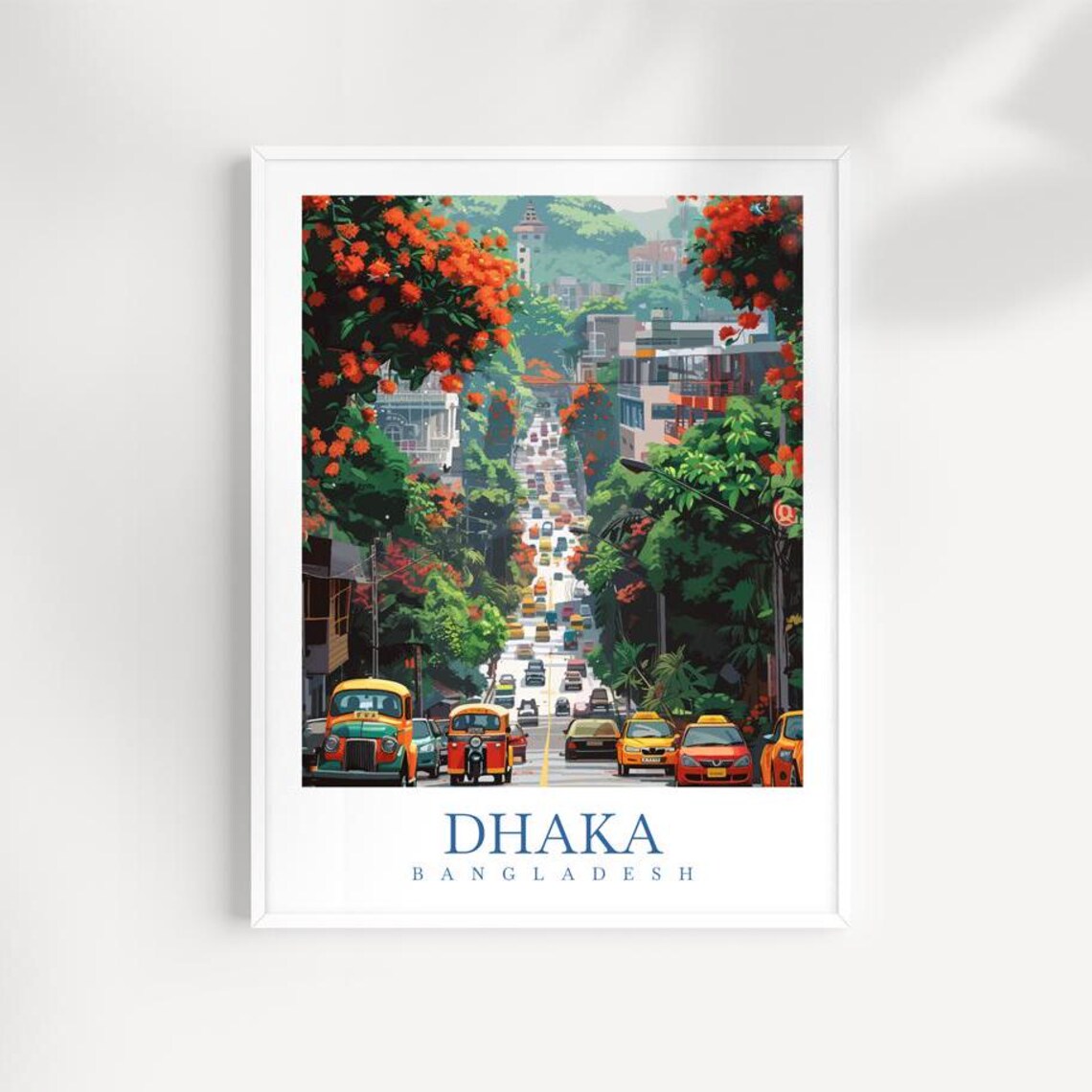 Dhaka Bangladesh Blooming Red Trees Busy Avenue Cars Travel Art Poster