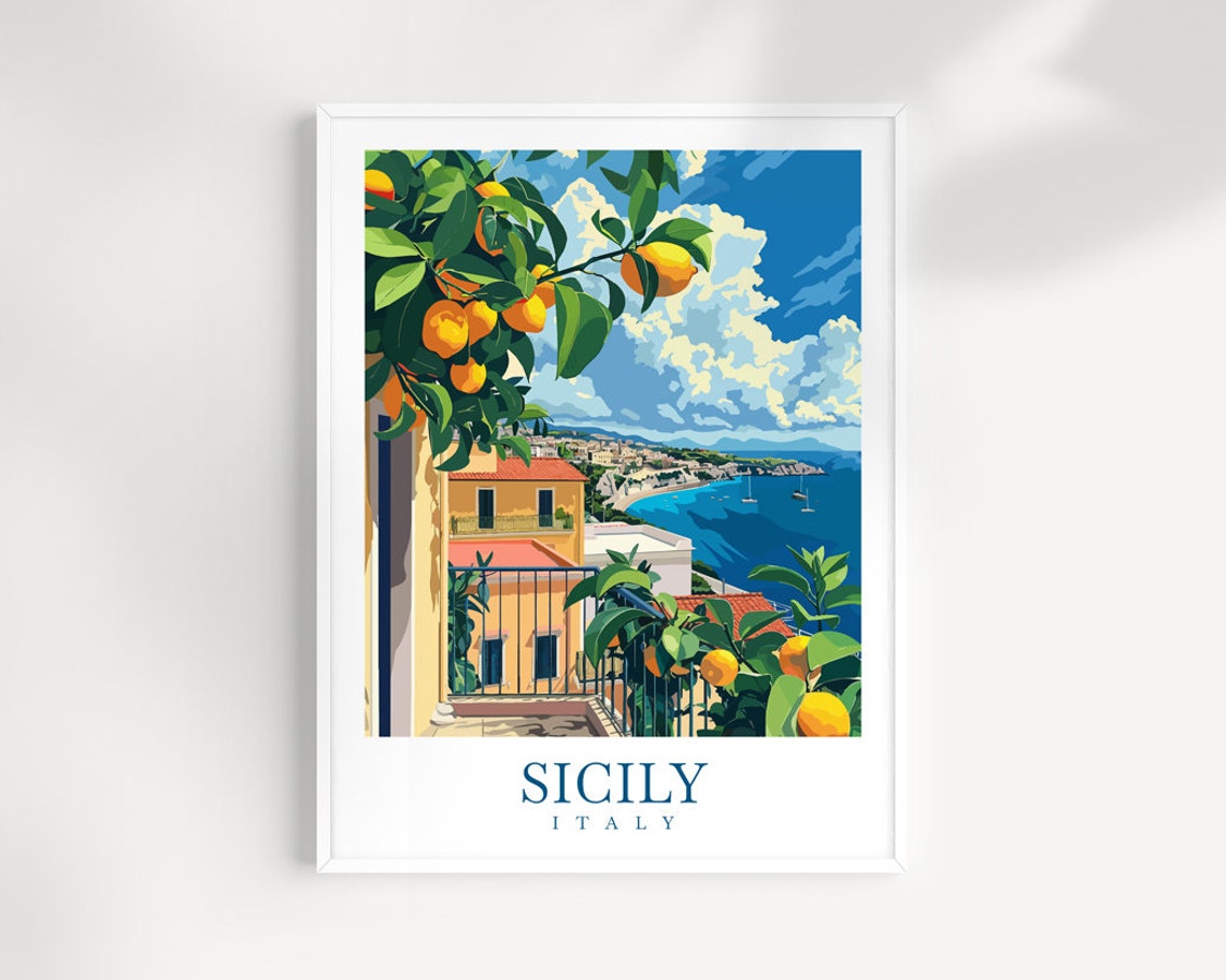 Sicily Italy Lemon Grove Terrace Over the Blue Sea Art Print
