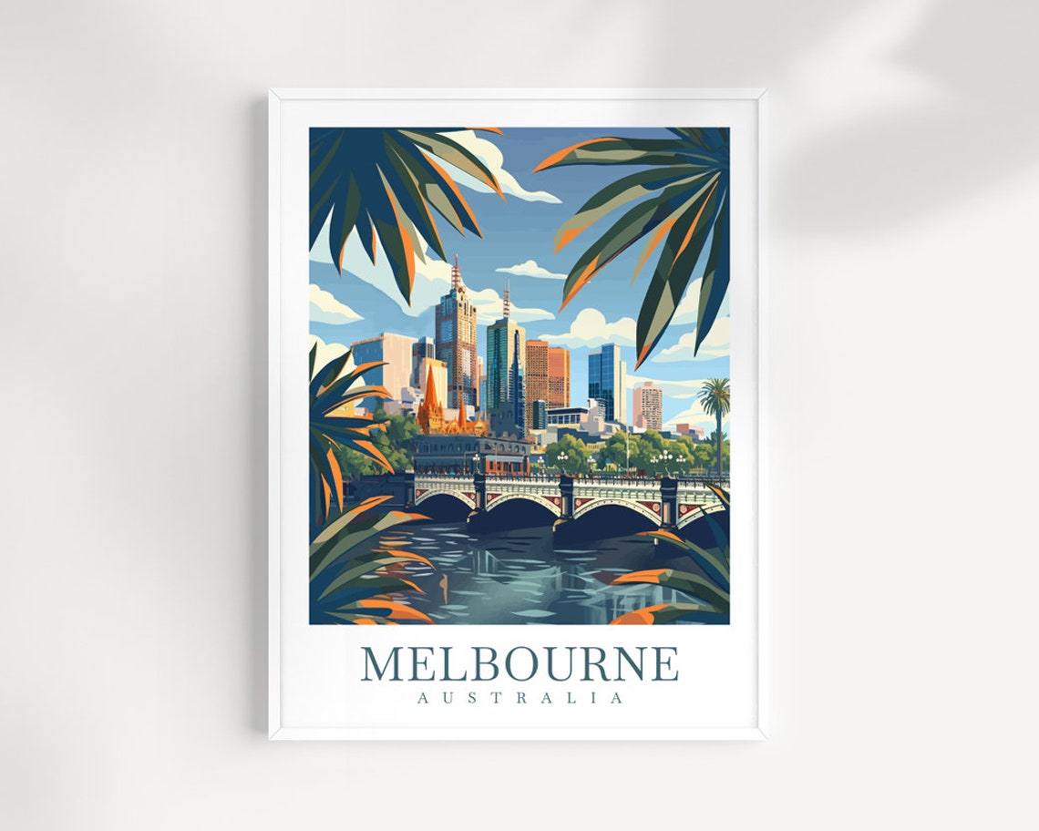 Melbourne Australia City Skyline River Bridge Palm Fronds View Poster