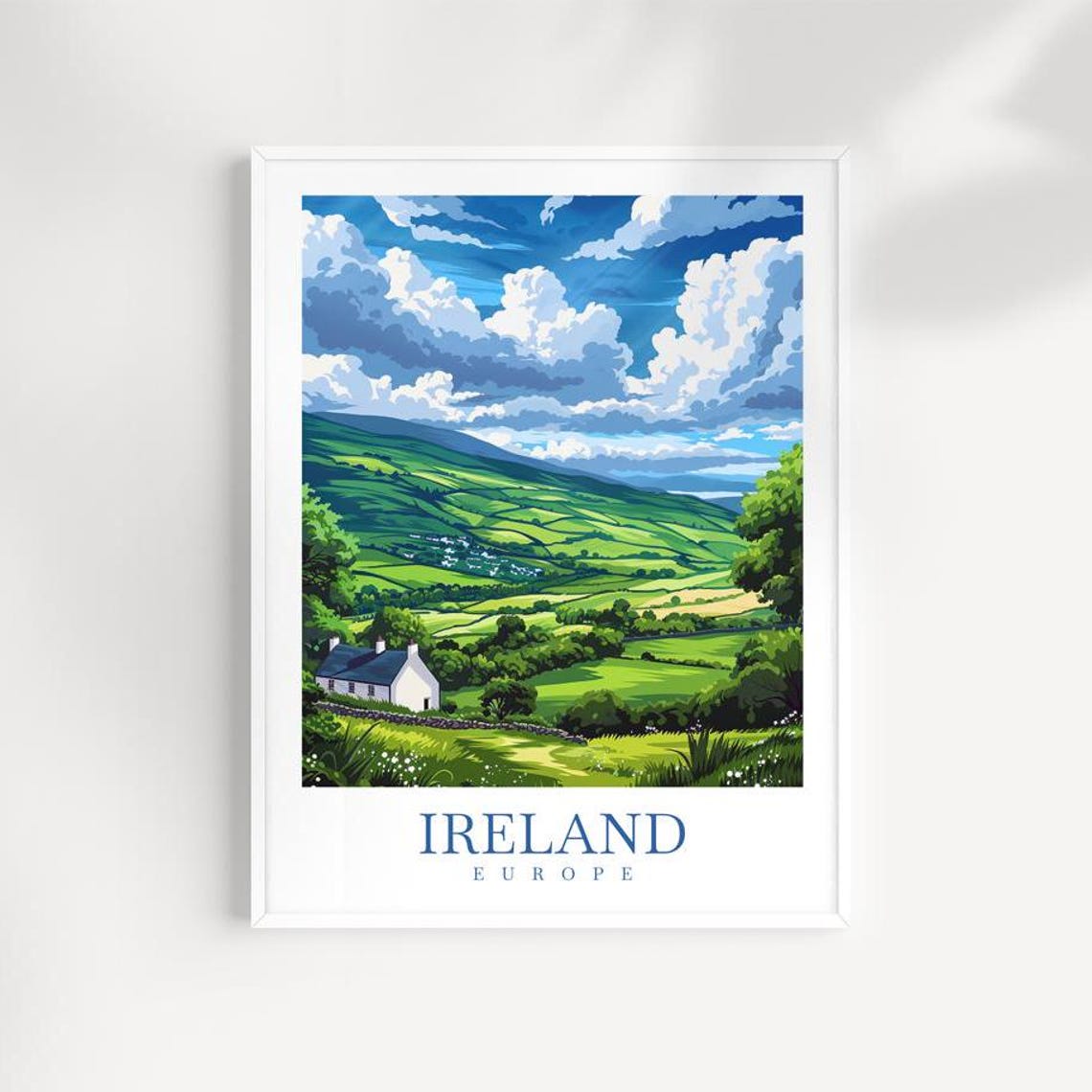 Ireland Green Hills Poster With White Cottage And Stone Wall