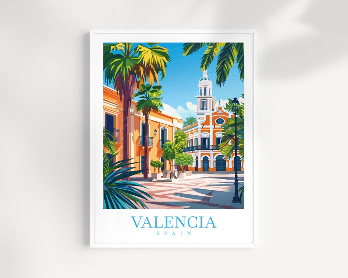 Valencia Spain Colonial Plaza Church Palm Square Sunny Travel Poster