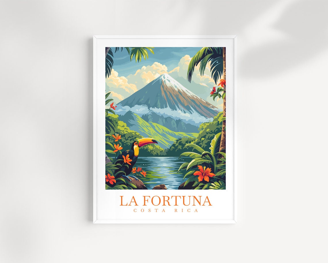 La Fortuna Costa Rica Arenal Volcano Toucan Jungle Art Poster