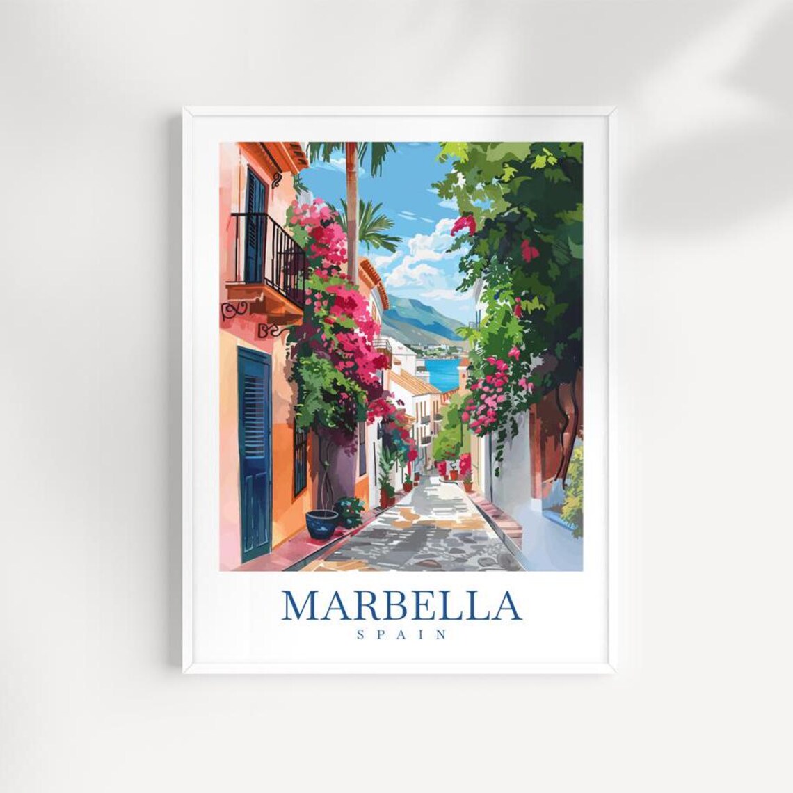 Marbella Spain Bougainvillea Alley Blue Doors and Sea View Travel Poster