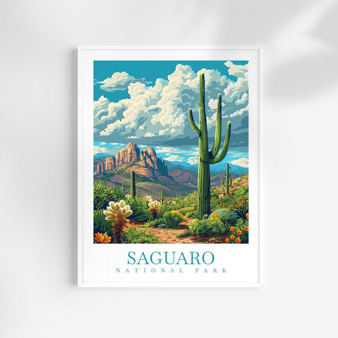 Saguaro National Park Desert Wildflower Bloom Valley Scene Poster