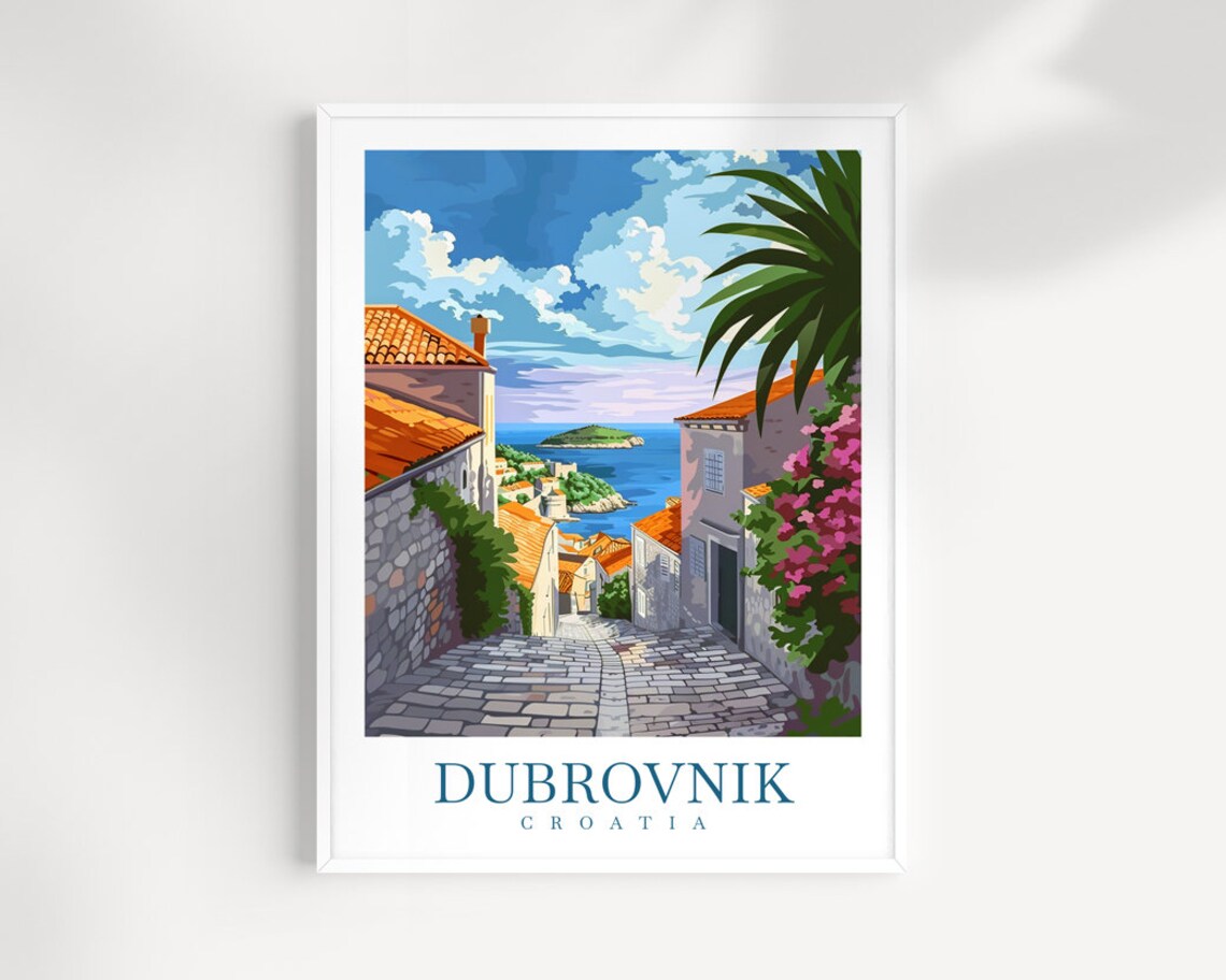 Dubrovnik Croatia Cobbled Lane Old Town Sea View Travel Poster