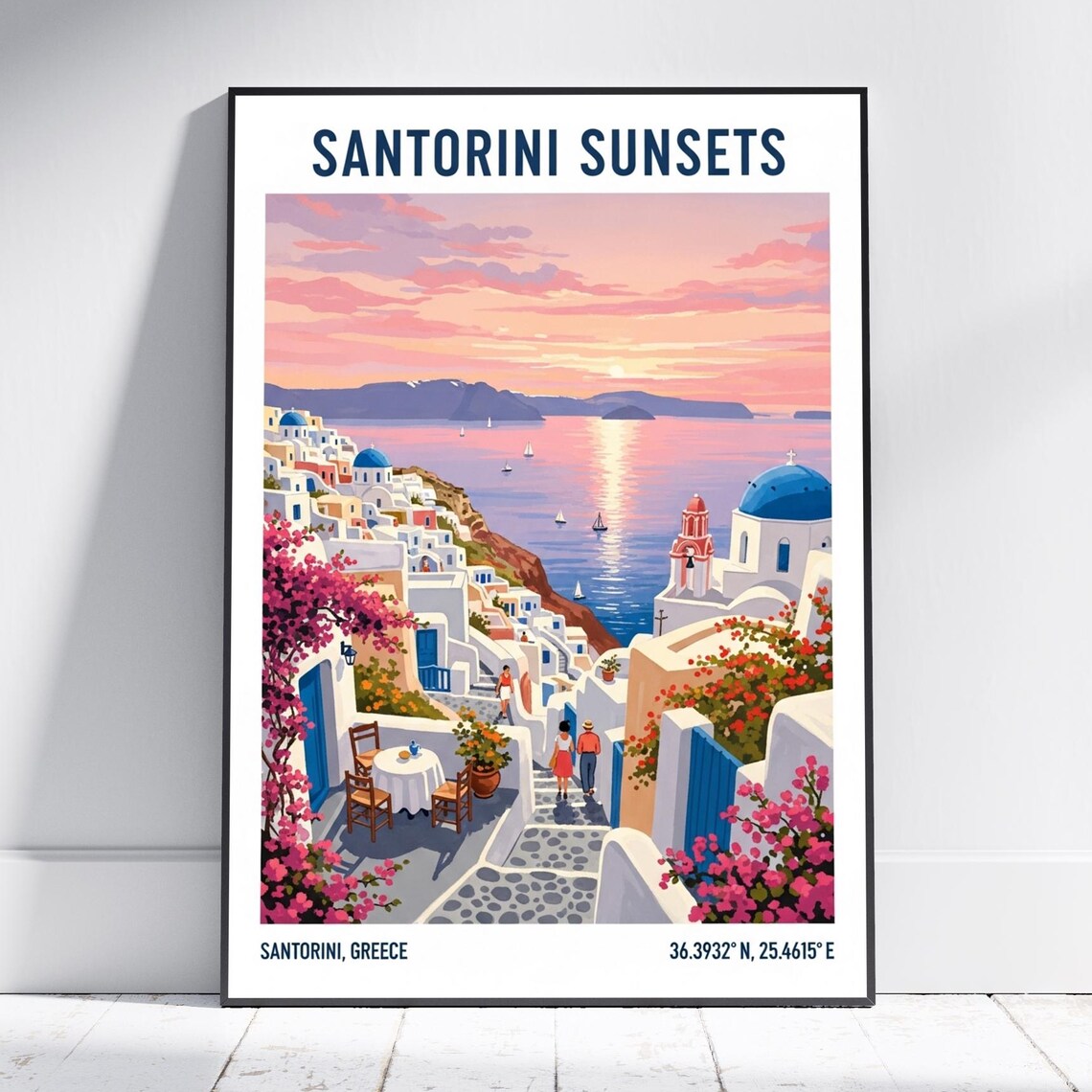 Santorini Sunsets Greece Blue Domes Aegean Sea Travel Poster