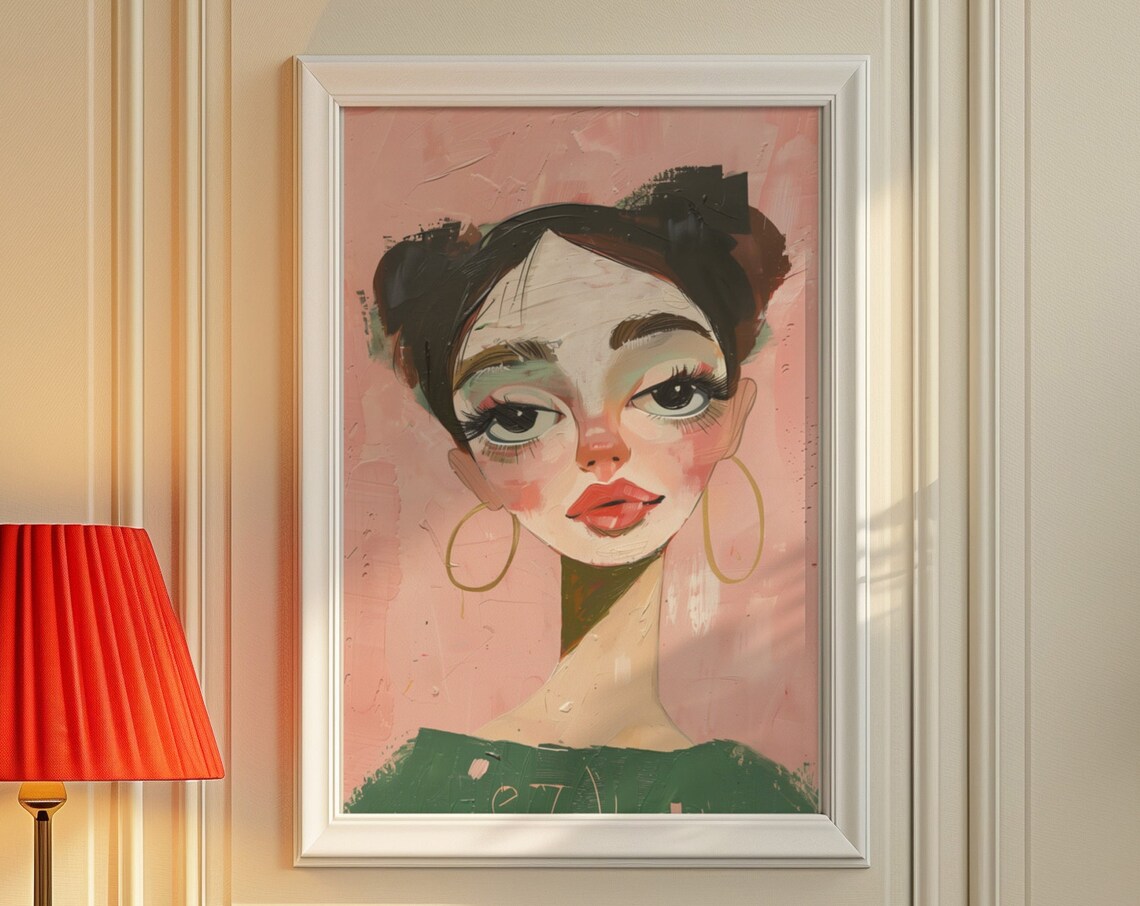 Whimsical Woman Portrait with Gold Hoop Earrings on Pink Poster - Image 5