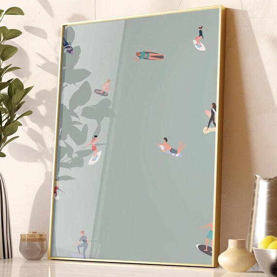 Minimalist Surfers Aerial Poster Sage Green Ocean Surf Illustration