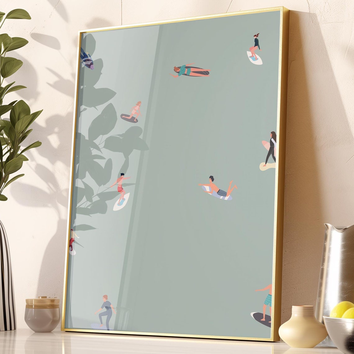 Minimalist Surfers Aerial Poster Sage Green Ocean Surf Illustration