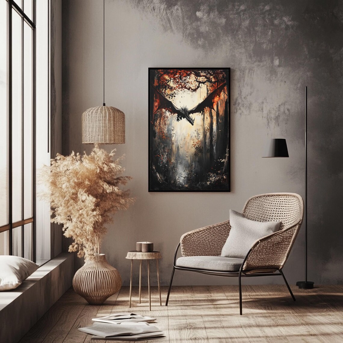 Flying Dragon In The Forest Oil Painting Art Print - Image 2