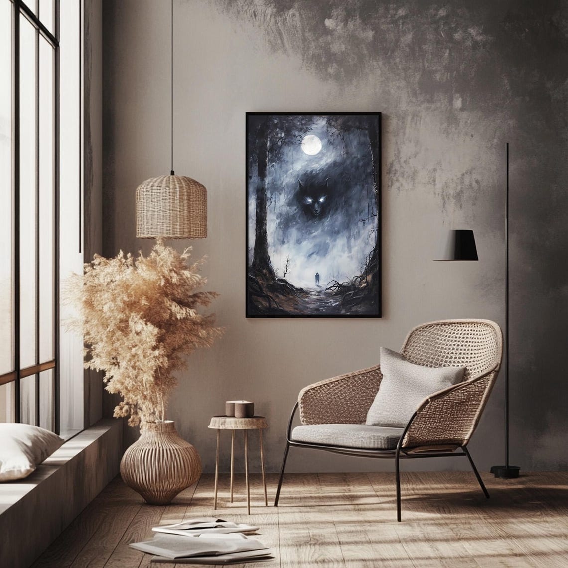 Wolf Spirit Looming Over Wanderer In Misty Moonlit Forest Print - Image 5