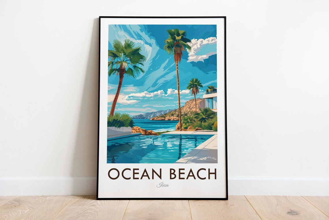 Ocean Beach Ibiza Spain Terrace Pool Palm Trees Ocean View Poster
