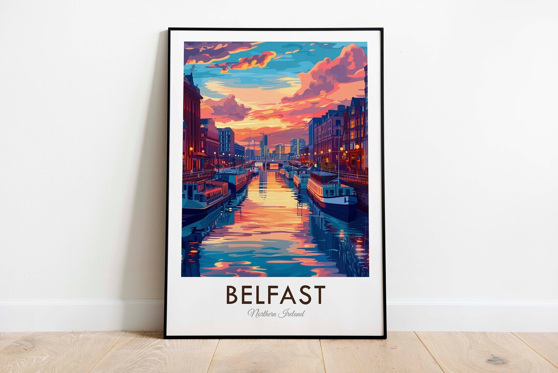 Belfast Northern Ireland Sunset River Boats City Lights Travel Poster