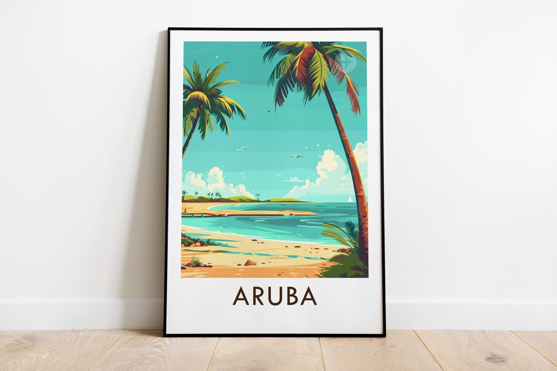 Aruba Caribbean Palm Trees Turquoise Beach Vintage Travel Poster