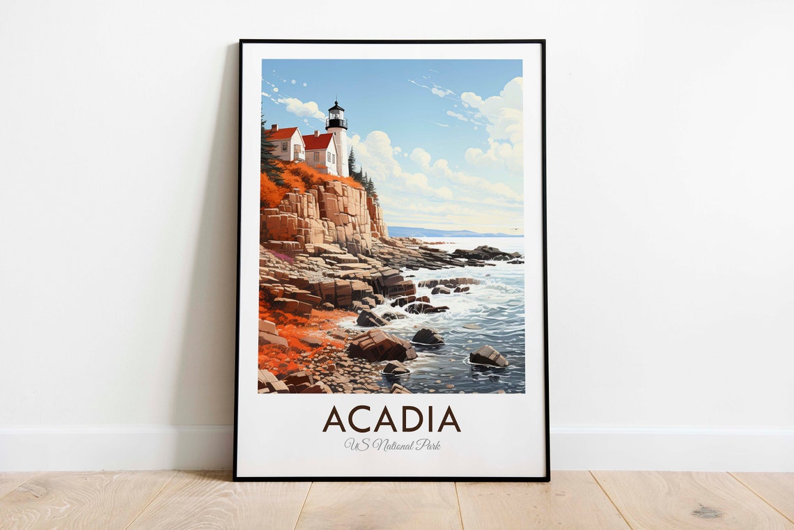 Acadia US National Park Lighthouse Rocky Coast Waves Travel Poster