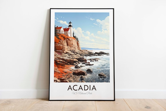Acadia US National Park Lighthouse Rocky Coast Waves Travel Poster