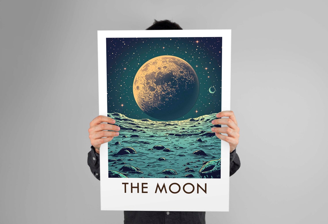 The Moon Retro Solar System Cratered Surface Starry Sky Travel Poster - Image 3