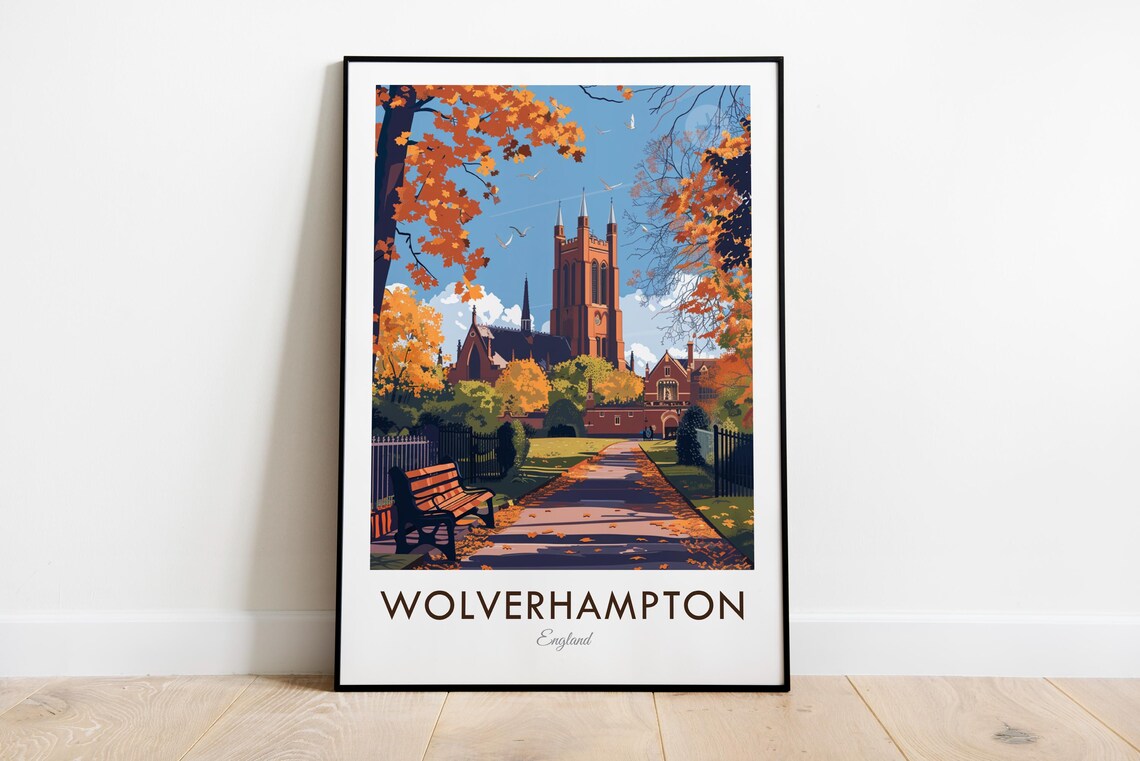 Wolverhampton England Vintage Autumn Church Lane Golden Travel Poster