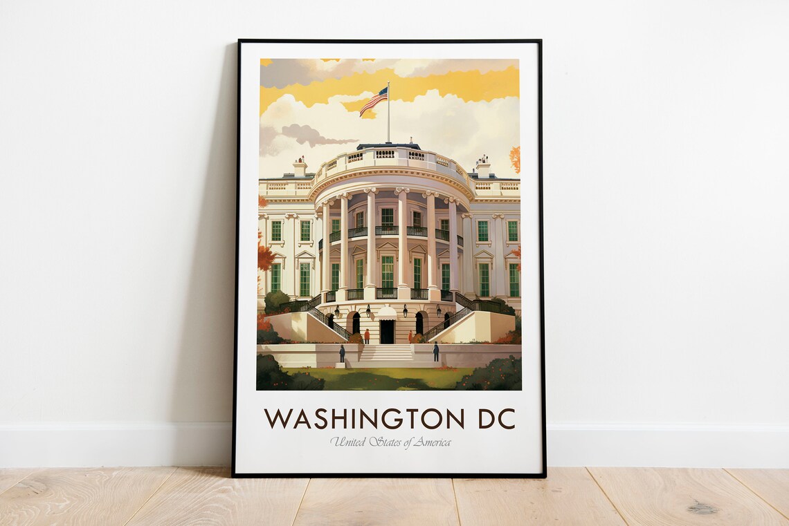 Washington DC White House Vintage Autumn Illustration Travel Poster
