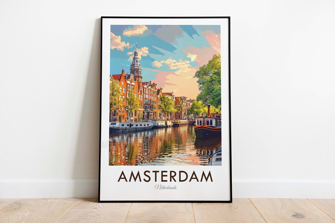 Amsterdam Netherlands Canal Houseboats Sunset City Travel Poster - Image 3
