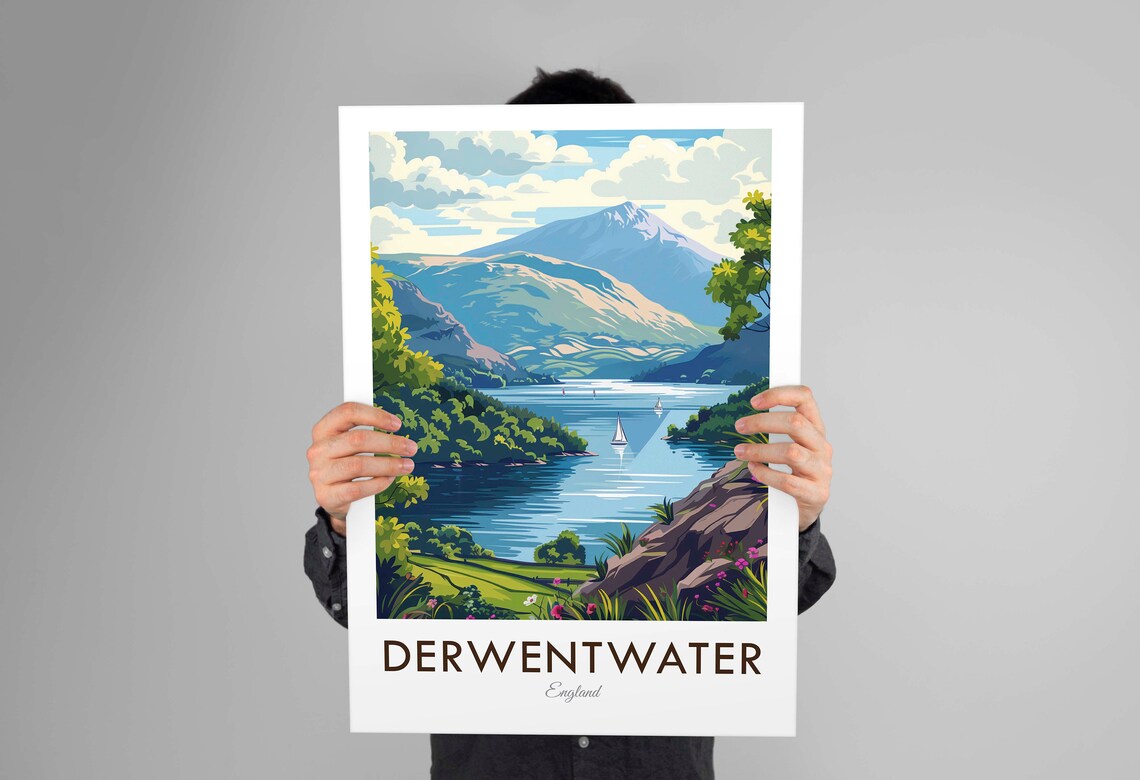 Derwentwater Lake District Sailboats Wooded Fells Vintage Travel Poster - Image 3