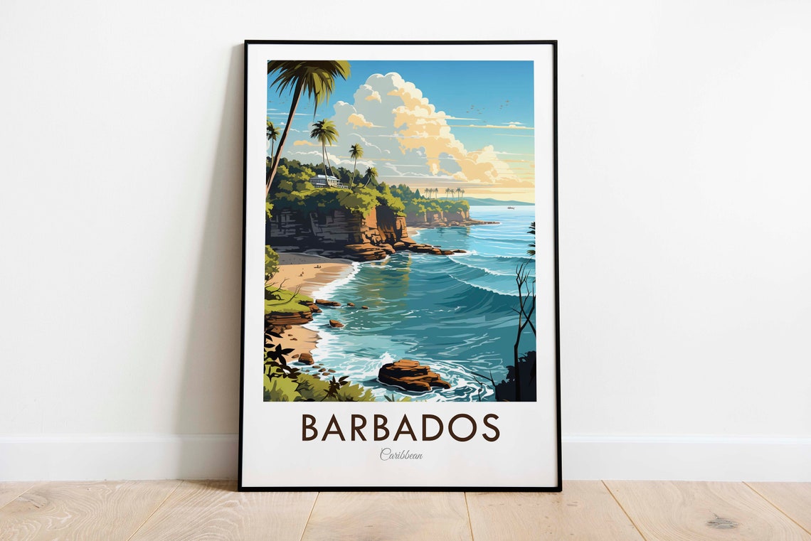 Barbados Caribbean Tropical Coastline Palm Beach Waves Vintage Art Poster