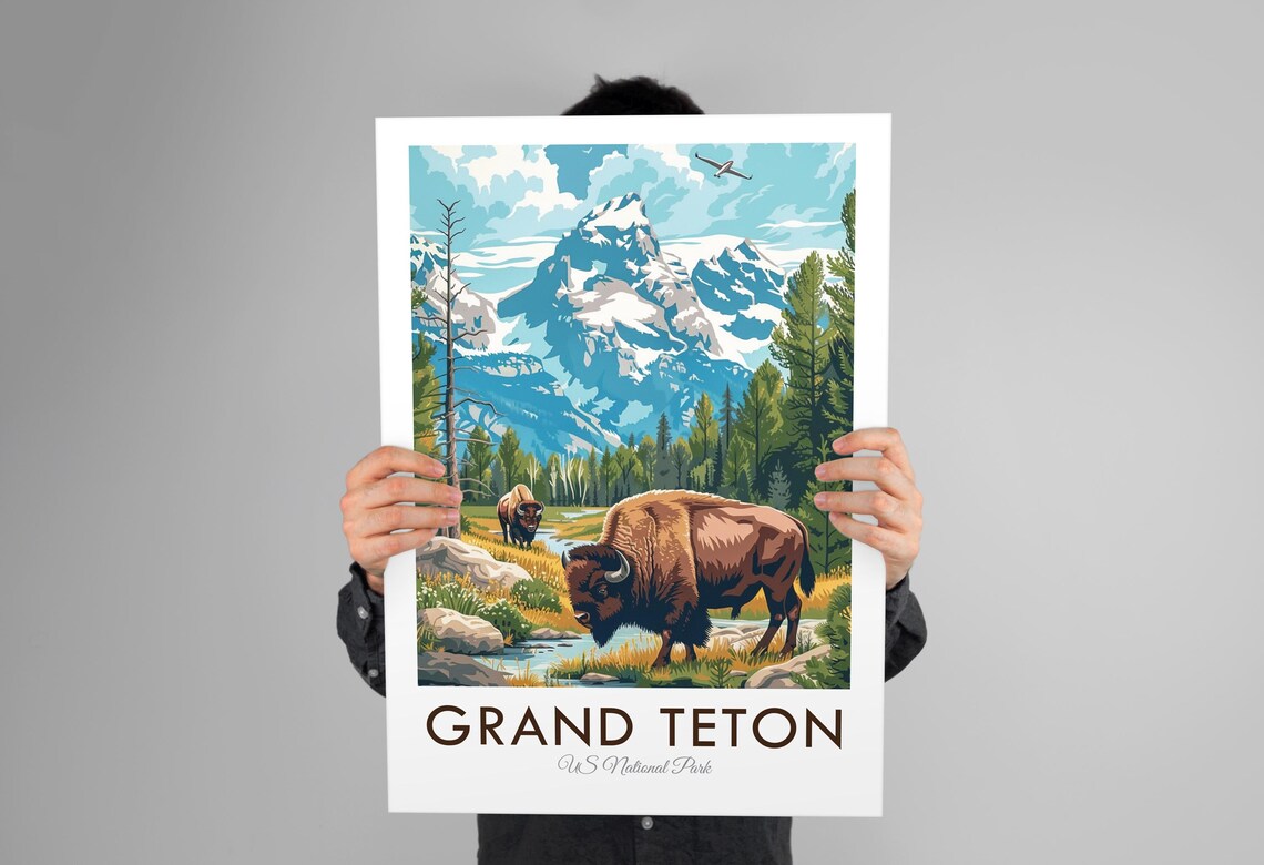 Grand Teton National Park Bison Snow Peaks Vintage Travel Poster - Image 3