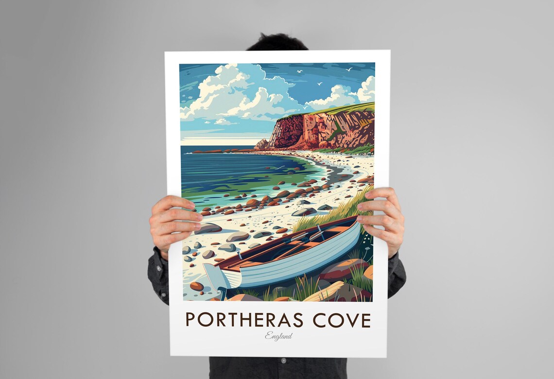 Portheras Cove Cornwall Rocky Beach Rowboat Vintage Travel Poster - Image 3