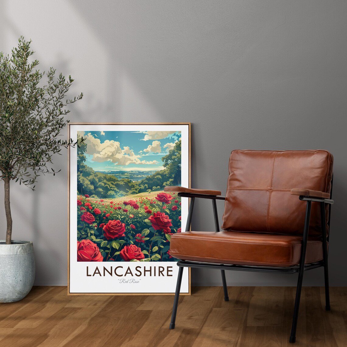 Lancashire England Red Rose Field Hills Vintage Style Travel Poster