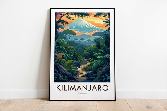Kilimanjaro Tanzania Snow Capped Peak Rainforest Leopard Scene Travel Poster