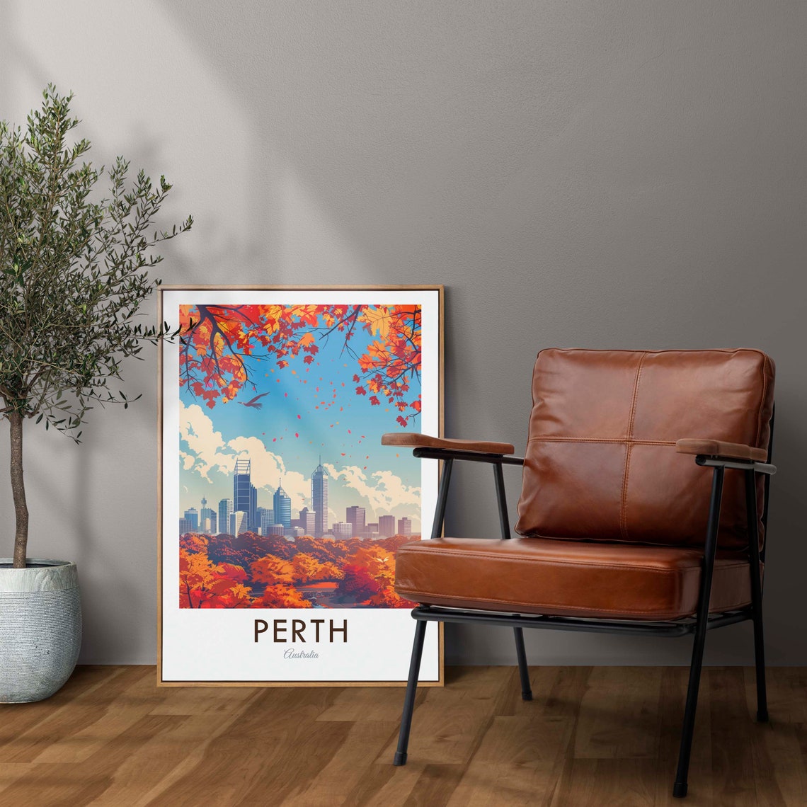 Perth Australia City Skyline Autumn Trees Waterfront View Poster