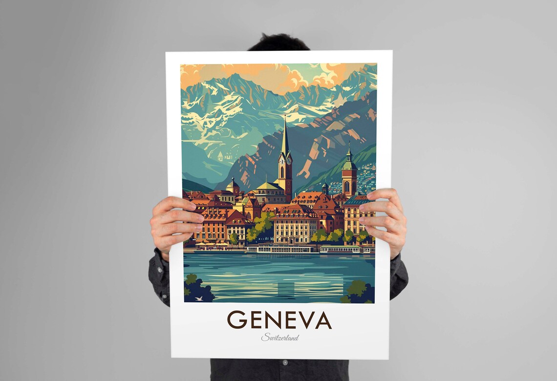 Geneva Switzerland Vintage Lakeside Old Town Mountains Art Poster - Image 3
