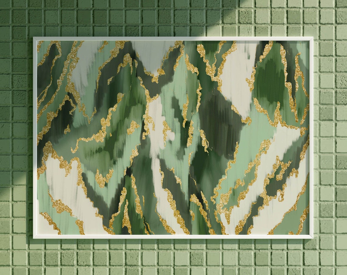 Sage Green White Gold Glitter Abstract Mountain Modern Art Poster